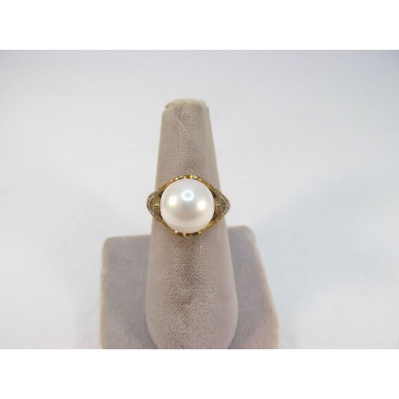 Faux Pearl Green and Clear Rhinestone Sterling Silver Gold Vermeil Ring Size 8.2 - Picture 12 of 12